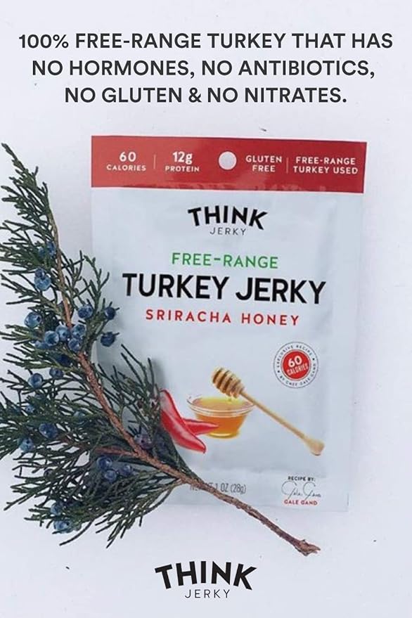 Think Jerky Sriracha Honey Turkey Jerky, High Protein Free-Range Turkey, Gluten Free, No Antibiotics or Nitrates, Healthy Chef Crafted Recipe, Low Calorie and Low Fat - 2.2 oz Bags, 4 Pack