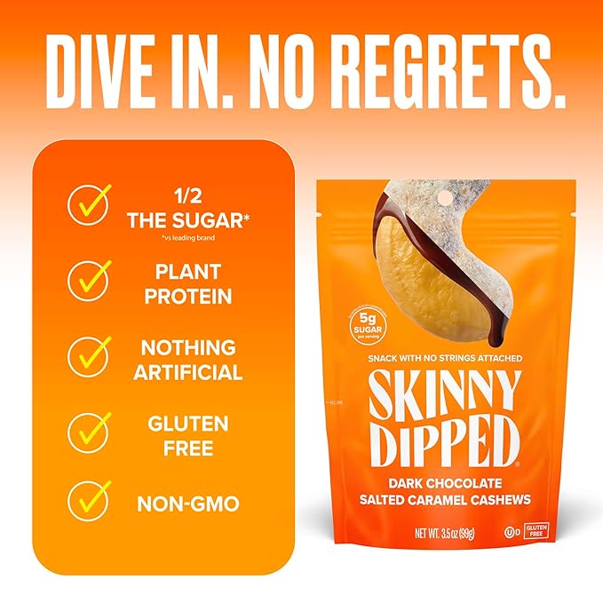 SkinnyDipped Salted Caramel Cashews, Healthy Snack, Plant Protein, Gluten Free, 3.5oz Resealable Bags, Pack of 5