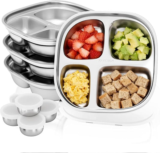 Stainless Steel Divided Plate for Kids Toddler, Non Toxic Portion Control Plate Dinner Plate with Lid for Adults Weight Loss, 4 Pack 4 Sections Square Snack Plate Tray