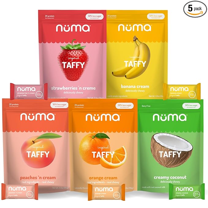 Numa Foods Nutritious Chewy & Creamy Candy Variety Pack - Low Sugar, All-Natural, Gluten Free, High Protein - 5 Bags of 10 Individually Wrapped Chews Each of Vanilla Banana Strawberry Coconut Coffee