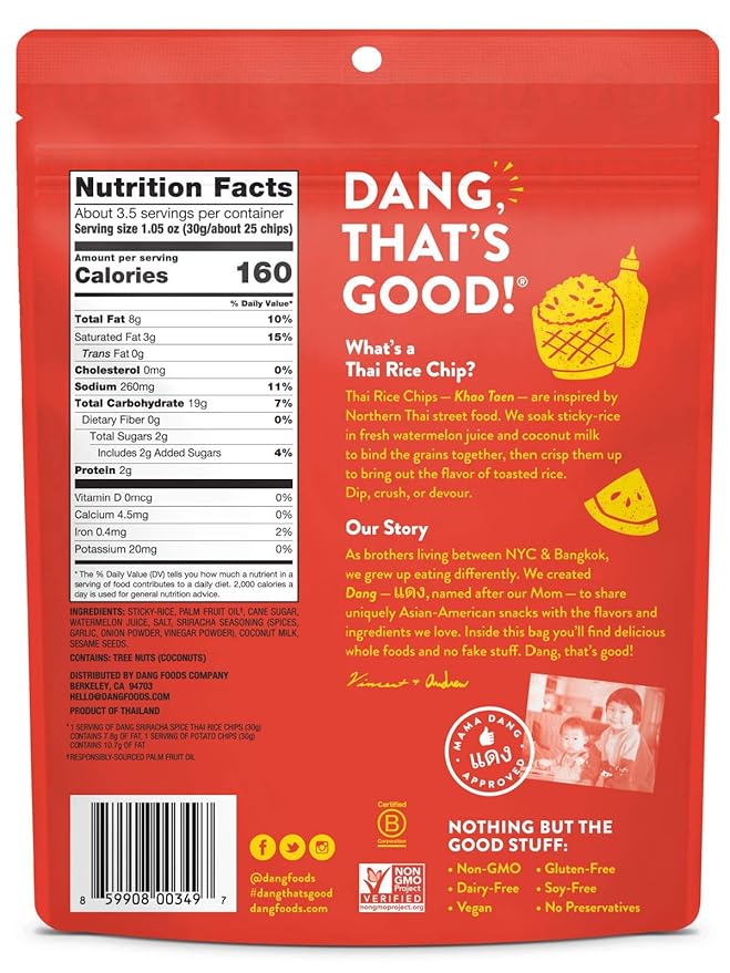 DANG Sticky Rice Chips | Sriracha Spice | 12 Pack | Vegan, Gluten Free, Non Gmo Rice Crisps, Healthy Snacks Made With Whole Foods | 3.5 Oz Bags