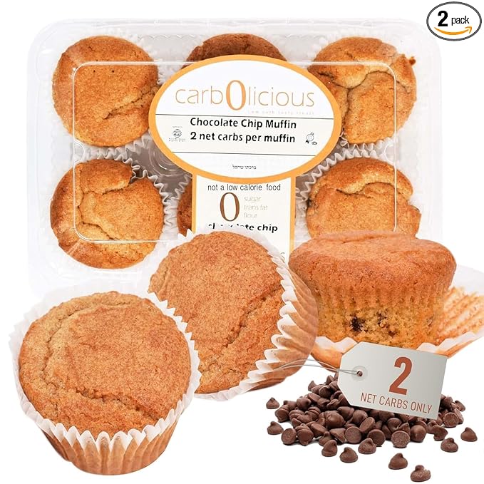 Low Carb Chocolate Chip Muffins 12 Pcs (2 Pack) by Carb-o-licious - Delicious Keto Mini Muffins Only 2 Net Carbs, 9g Protein - Sugar Free Cupcake Style Healthy Snack Made, Almond Flour, Low-Carb Treat