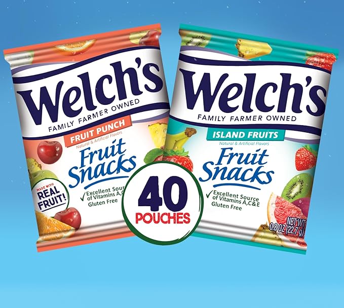 Welch's Fruit Snacks, Fruit Punch & Island Fruits, Individual Single Serve Bags, 0.8 oz (Pack of 40)