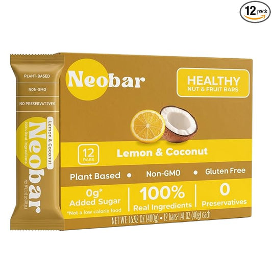NEOBAR Fruit and Nut Bars - Plant-Based Vegan Snack Bars, Gluten Free Dairy Free Snacks, No Added Sugar, No Preservatives, Non-GMO | Lemon & Coconut,12 Count