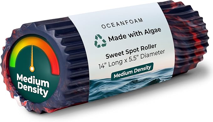 Oceanfoam Sweet Spot Medium Exercise Foam Roller 14"x5.5" – Medium Density Foam Roller for Physical Therapy, Deep Tissue Massage, Yoga, Pilates, Wave Texture (Dark Navy, Red and Natural Marbled)
