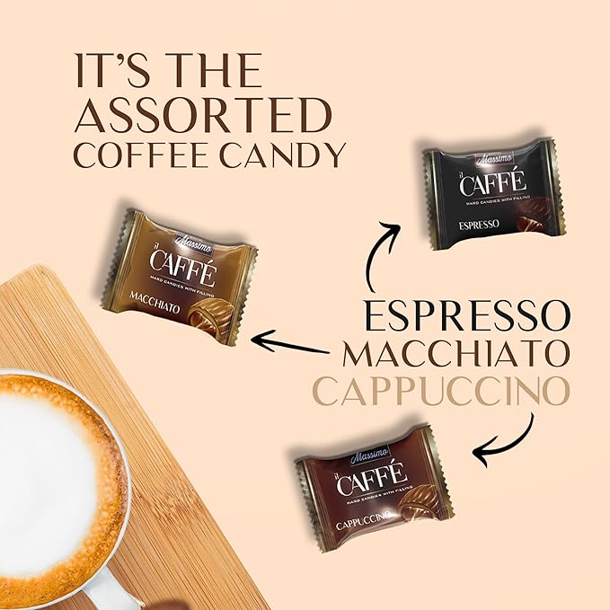 Maestro Massimo Assorted Coffee Candy - Individually Wrapped 2.2 Pound Bulk Bag, 3mg Caffeine per Hard Candy, Original Espresso, Macchiato, Cappuccino Flavored, Made with Bold Arabica Coffee (Pack of 1)