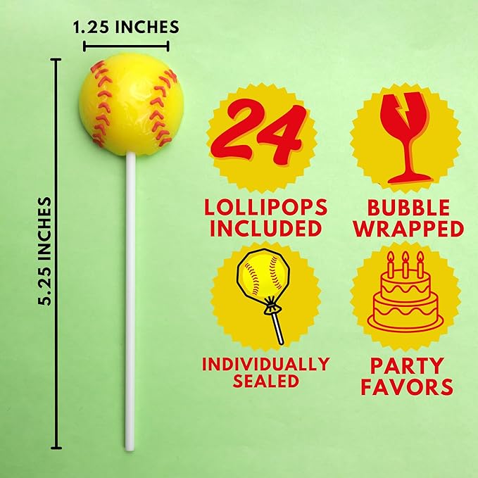 Softball Shaped Lollipops, Individually Wrapped Candy Suckers, Perfect Team Party Treats, Strawberry Flavored, 24 Count