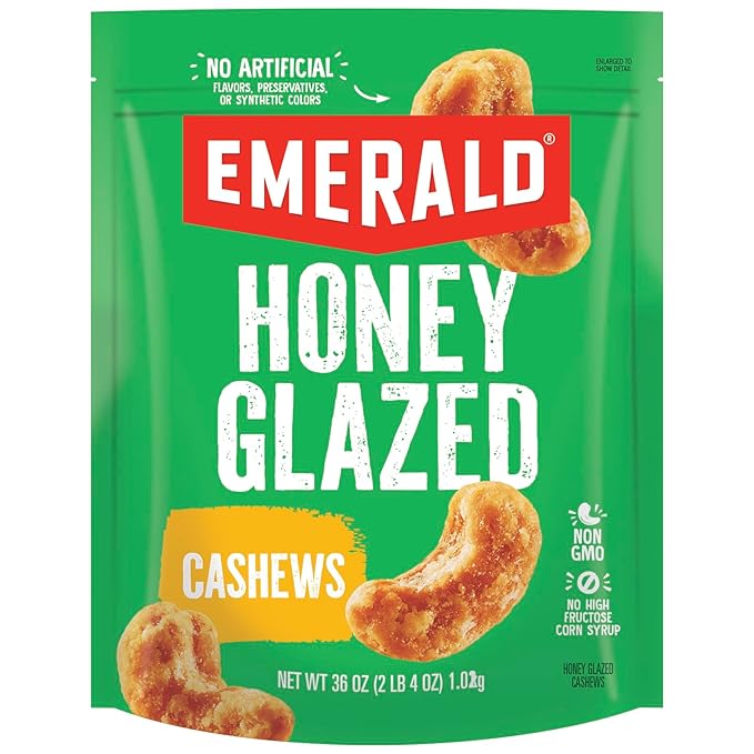 Emerald Honey Glazed Cashews (1-Pack) | 36oz Resealable Bulk Bag | Kosher Dairy Certified, Non-GMO | Contains No Artificial Preservatives, Flavors or Synthetic Colors