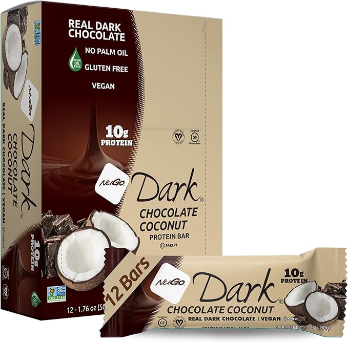 NuGo Dark Chocolate Coconut, 10g Protein Bar, Vegan, Gluten Free, Non-GMO, Kosher Pareve, 12 Count