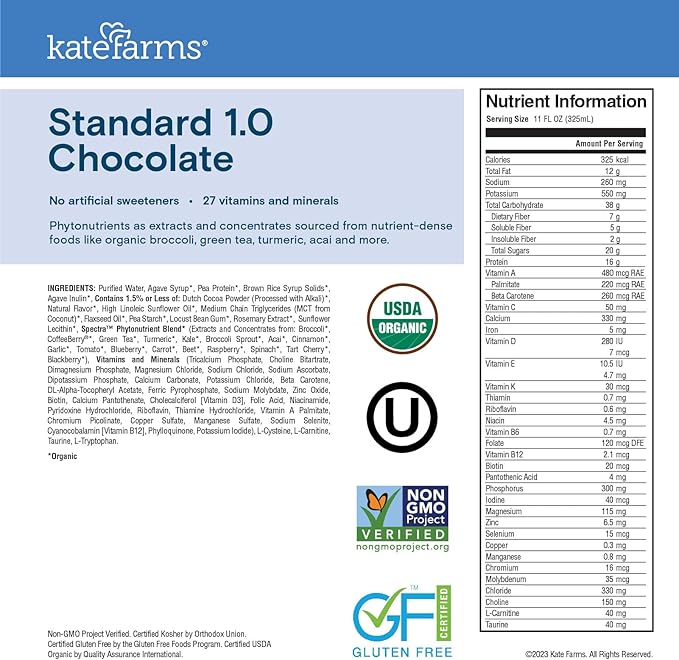 KATE FARMS Organic1.0 Chocolate Nutrition Shake, 16g Protein, 27 Vitamins and Minerals, Meal Replacement 11 oz (12 Pack)