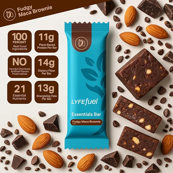 LyfeFuel Essential High Protein Bars | Meal Replacement, Vegan, 12g Plant-Based Low Carb Protein Bars for Intermittent Fasting - High Fiber, MCT Oil, 21 Organic Vitamins & No Sugar | 30 Servings | Fudgy Brownie
