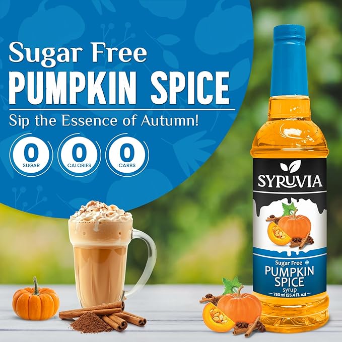 Syruvia Sugar Free Pumpkin Spice Coffee Syrup, Flavored Syrup for Drinks, Lattes, and Desserts – 25.4 fl oz