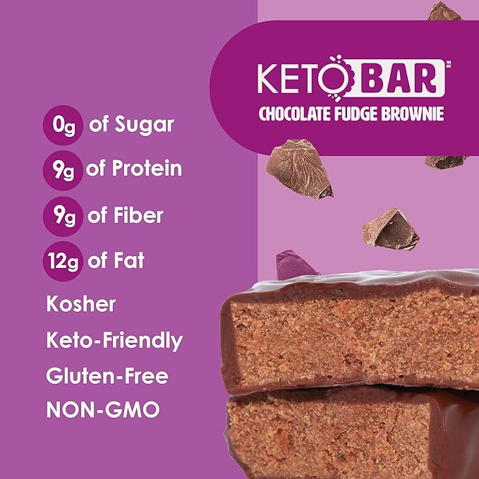 No Sugar Keto Bar Snack, Fudge Brownie, 12 x 1.41oz Bars - Low Carb No Sugar Keto Snack Food with Keto Friendly Macros, 3g Net Carb, 9g Plant Based Protein, 13g Healthy Fat, Sugar Free (0g)