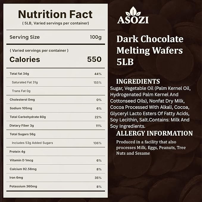 Dark Chocolate Melting Wafers - 5 LB Resealable Bag for Gourmet Chocolate Treats, Dubai Chocolate, Hot Chocolate, Baking, and Confections - Intense Flavor, Smooth Texture for Chocolatiers