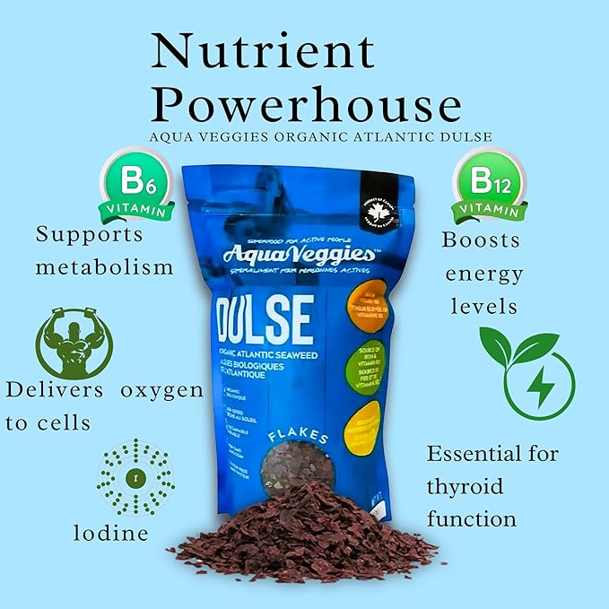 Aqua Veggies Organic Atlantic Dulse Flakes 227g 1/2lbs, Hand-Harvested, Sun-Dried Bay of Fundy, Excellent Source of Vitamins B6, B12, Iron, Iodine, Protein, Calcium and Fibre (Flake 227 Grams)