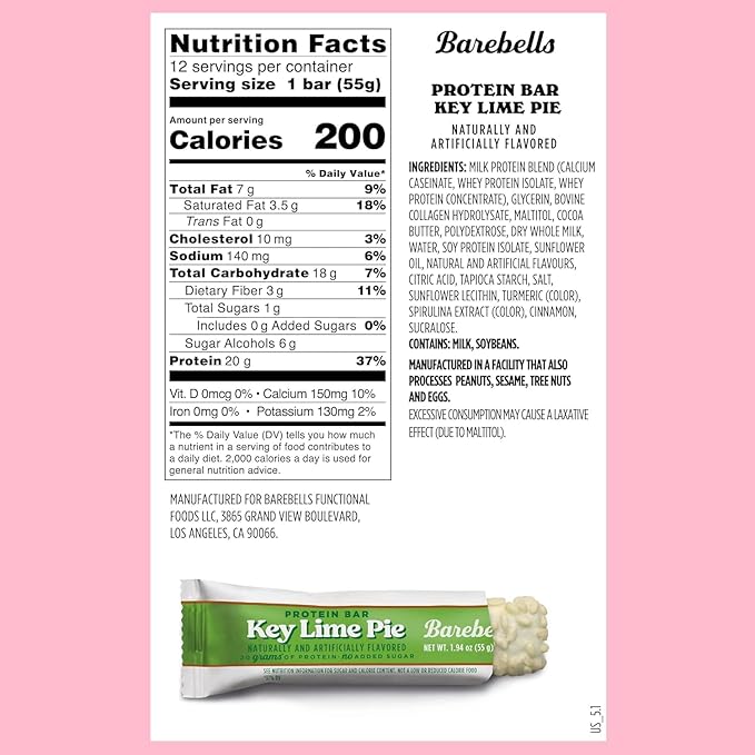 Barebells Protein Bars Key Lime Pie - 12 bars, 20g High Protein Treats - White Chocolate Nutrition Bar with 1g Total Sugars - On-The-Go Breakfast or Post-Workout Snack