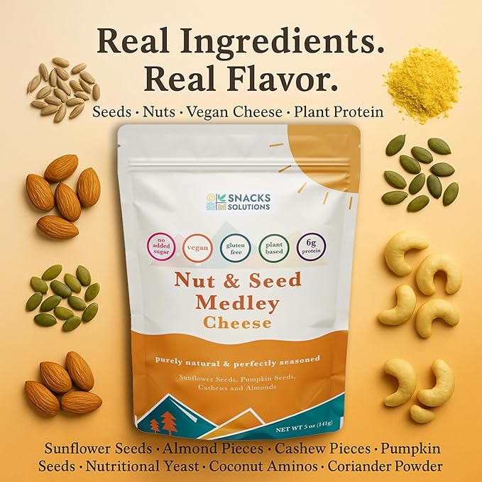 Snacks Solutions Nut and Seed Medley (5 oz -Pack of 6, Cheese) Gluten Free, Natural and Perfectly Seasoned, Sunflower Seeds, Pumpkin seeds, Cashews and Almonds