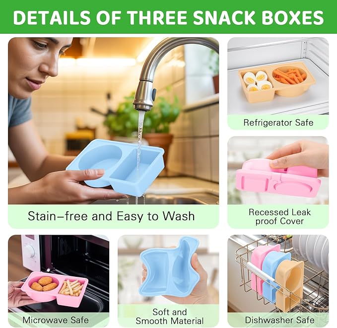 3 PCS Reusable Silicone Snack Containers with Lids Double Compartment Snack Box Container for Food Traval Teens Adults (Pink&Yellow&Blue, 3P)