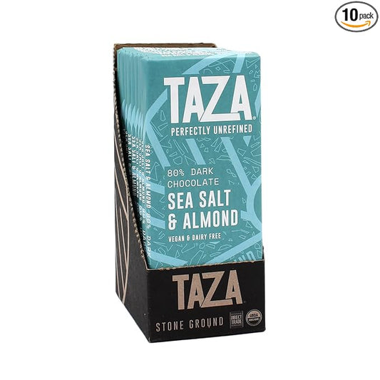 Taza Chocolate Organic Amaze Bar 80% Stone Ground, Sea Salt Almond, 2.5 Ounce (10 Count), Vegan