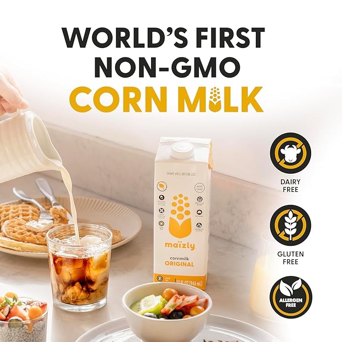 Maizly 32 fl oz | Non‑GMO Corn Milk Alternative | Allergen‑Free, Seed‑Oil‑Free, Smooth & Neutral Flavor | Excellent Source of Fiber & Vitamins A, D, E, and a Good Source of Calcium | Great for Homes, Cafés & Daily Use (32 Fl OZ (Pack of 6), Maizly Orig...