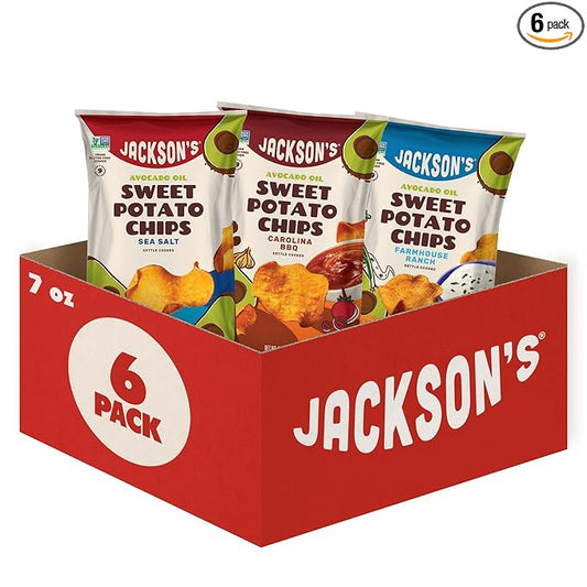 Jackson’s Sweet Potato Kettle Chips Avocado Oil Variety Pack made with Premium Oils (7oz, Pack of 6) Sea Salt, Ranch and BBQ Flavors - Allergen-friendly, Gluten Free, Vegan