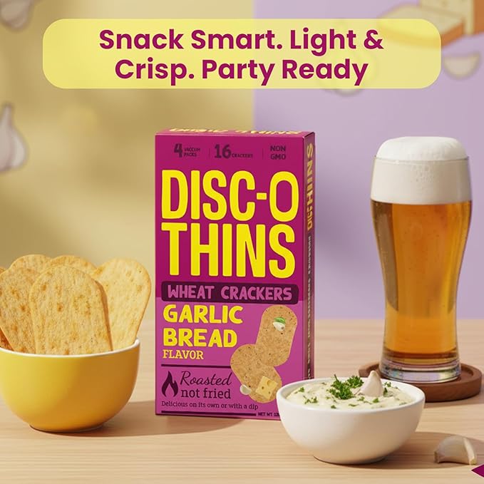 Disc-O Thins Whole Wheat Crackers - Crunchy Roasted Snack, High-Fiber & Low-Fat On-the-go Snack Chips, 96pcs (Garlic Bread) - Friendly, Healthy Travel Snack, Non-GMO - Great w/ Cheesy Dips, Salsa, or Beer