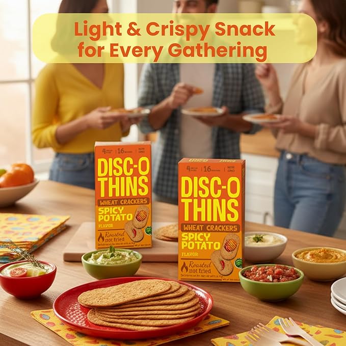 Disc-O Thins Whole Wheat Crackers - Crunchy Roasted Snack, High-Fiber & Low-Fat On-the-go Snack Chips, 96pcs (Spicy Potato) - Vegan-Friendly, Healthy Travel Snack, Non-GMO - Great w/ Spicy Dips, Salsa, or Beer