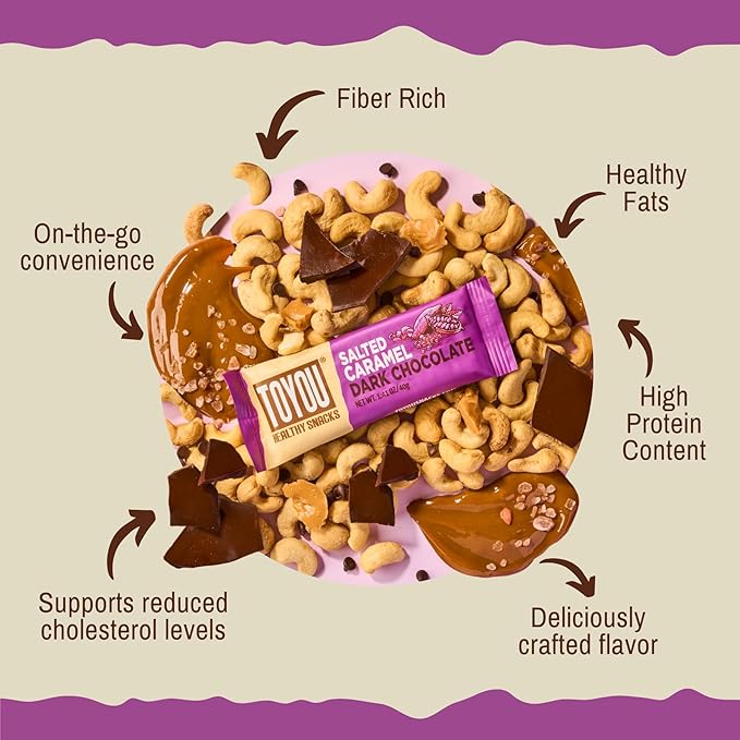 ToYou Gluten Free Chewy Fruit and Nut Bars - Healthy Protein Snacks | Salted Caramel Dark Chocolate - 1.41 Ounce (Pack of 12) | Soft Chewy, Fiber-Packed Granola Bars for Adults and Kids, Made with Natural Ingredients