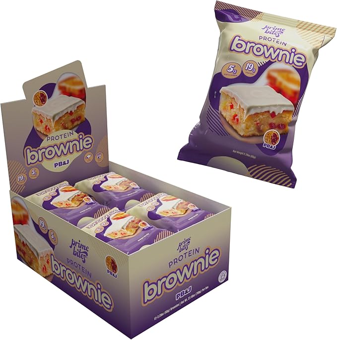Prime Bites Protein Brownie from Alpha Prime Supplements | High Protein, Collagen Fortified Low Sugar Treat | Delicious Snack | 12 Bars per Box (Peanut Butter and Jelly)