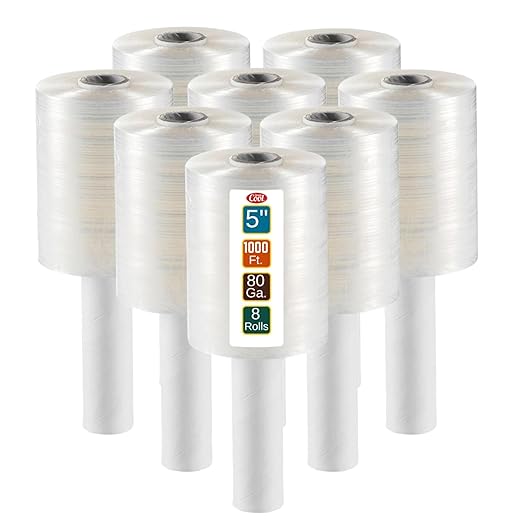 8 Pack Industrial Strength Mini Hand Stretch Wrap 5" 1000 Ft. Roll 80 Gauge Thick, Shrink Wrap Roll for Moving Supplies, Furniture, Pallets, Plastic Wrap for Packing, Heavy Duty Stretch Film