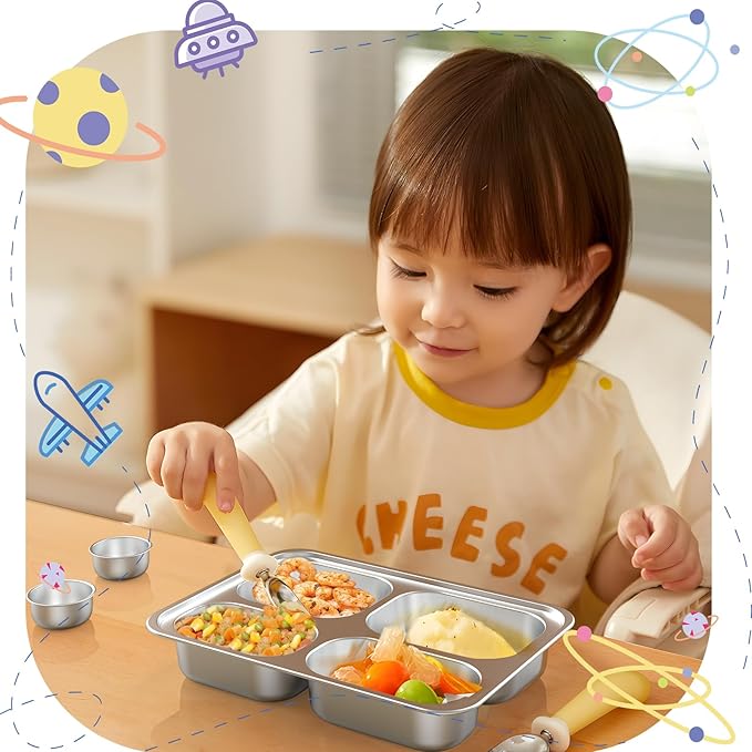 Stainless Steel Divided Plate for Kids Toddler, Non Toxic Portion Control Plate Dinner Plate with Lid for Adults Weight Loss, 2 Pack 4 Sections Rectangular Snack Plate Tray