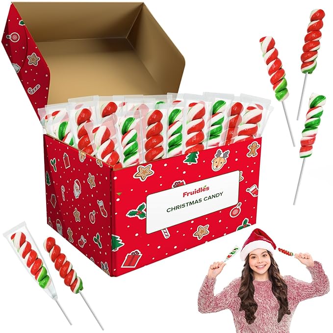 Fruidles 12-Pack Christmas Twist Lollipop, Mixed Fruit Flavor, Individually Wrapped Lollipops, 3" Inch Twist Suckers (12-Pack)