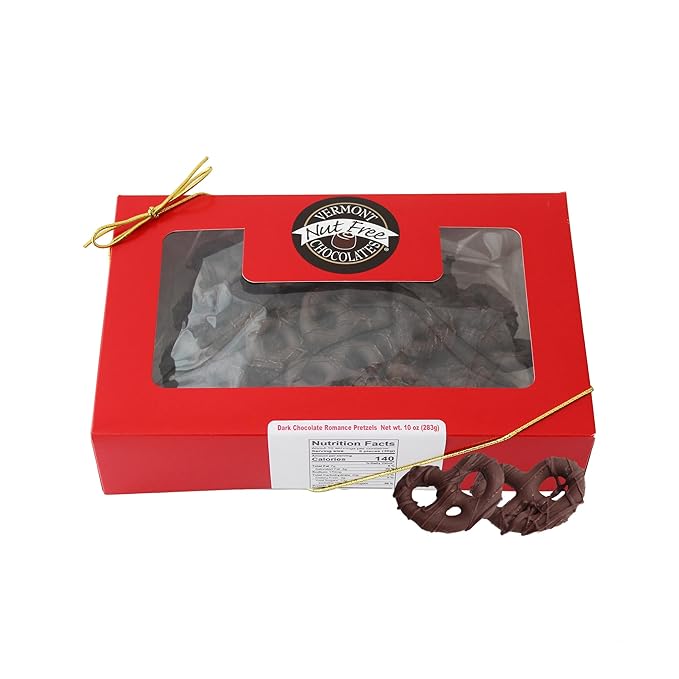 Vermont Nut Free Chocolates Romance Chocolate Covered Pretzels – Nut Free Mini-Twist Pretzels in Dark Chocolate, Valentine’s Day Gift Box (10 oz)