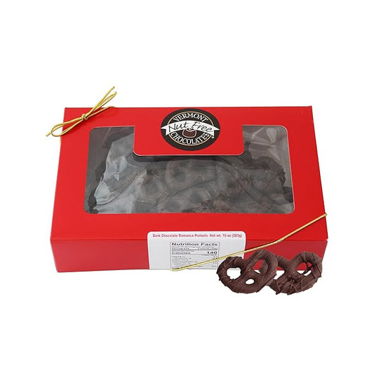 Vermont Nut Free Chocolates Romance Chocolate Covered Pretzels – Nut Free Mini-Twist Pretzels in Dark Chocolate, Valentine’s Day Gift Box (10 oz)