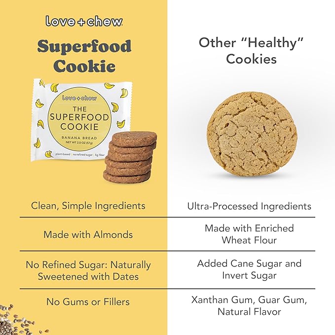 Love + Chew Superfood Soft Baked Vegan Cookies, Gluten Free, 7g Plant Based Protein Cookie, Healthy Snacks for Adults and Kids, Refined Sugar Free, Individually Wrapped Cookies, Banana Bread, 10 Pack