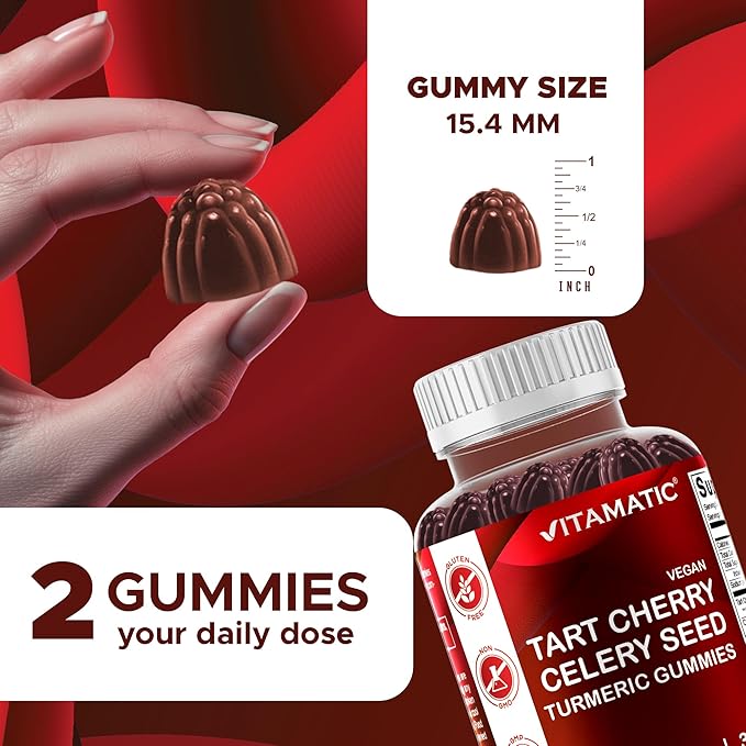 Vitamatic Tart Cherry with Celery Seed Gummies – 4000mg Equivalent Per Serving (from 10:1 Extract, 400mg) - 2-Pack