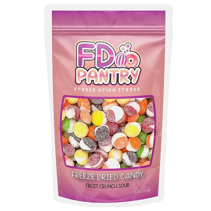 Freeze Dried Candy, Fruit Crunch Sour, 4 oz, Assorted Strawberry, Orange, Lemon, Grape, Lime Flavors, Bag Pouch, Ideal Gift Snack