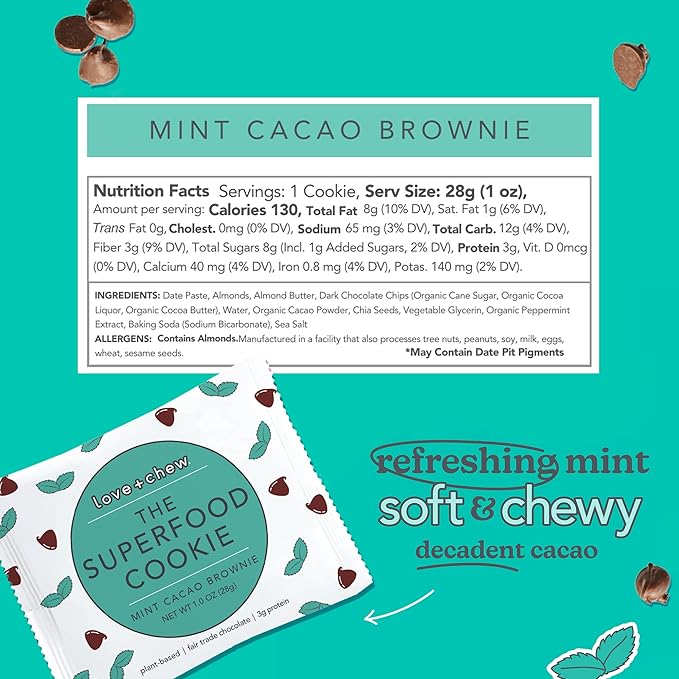 Love + Chew Superfood Soft Baked MINI Cookies, Mint Cacao Brownie Flavor, Plant Based Cookie Made With Almonds & Dark Chocolate for Kids and Adults, Vegan Snacks, Gluten Free, Paleo, Non GMO, 18 Pack
