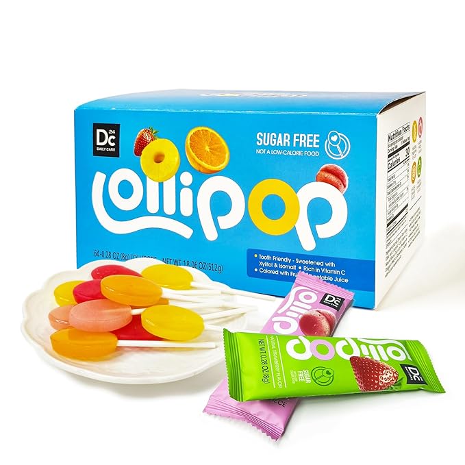 DC24 DAILY CARE Sugar Free Lollipops with Vitamin C, Healthy Suckers with Xylitol, Assorted Fruit Flavored Hard Candy for Kids, Non-GMO, Gluten Free, 64 Count