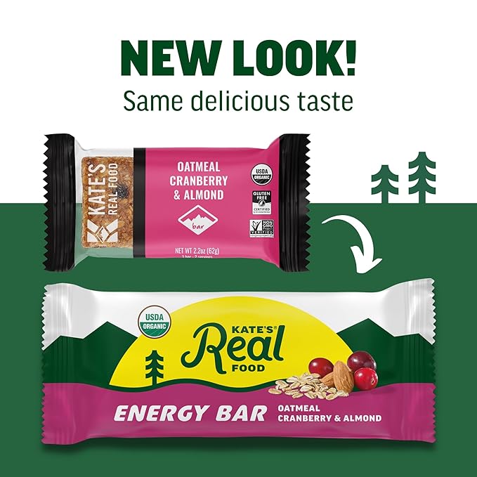 Kate’s Real Food Organic Energy Bars, Non-GMO, All-Natural Ingredients, Gluten-Free and Soy-Free Healthy Snack with Natural Flavors, Oatmeal Cranberry & Almond (Pack of 12)