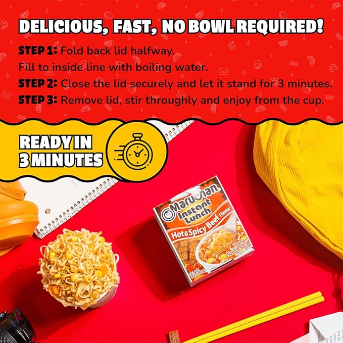 Maruchan Instant Lunch Ramen Noodles, Hot & Spicy Beef Flavor – Japanese-Style Instant Noodle Soup, Quick & Easy Meal – 2.25 Oz Cup, Pack of 12