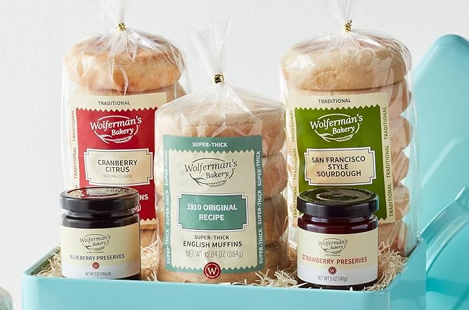 Wolferman's Classic Breadbox Gift, Cinnamon Raisin, Sourdough, Multigrain Honey, Cranberry & Original English Muffins, Strawberry Preserves Assortment In Keepsake Tin, Breakfast, Brunch, 27Pc