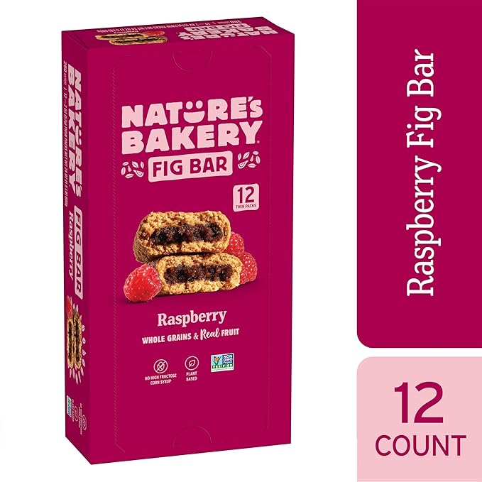 Nature’s Bakery Whole Wheat Fig Bars, Raspberry, Real Fruit, Vegan, Non-GMO, Snack bar, 1 box with 12 twin packs (12 twin packs) (Pack of 2)