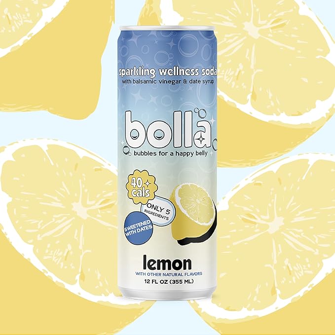 Lemon Sparkling Wellness Soda · Naturally sweetened with dates · Crafted with balsamic vinegar · 5 simple ingredients · Low calorie · Antioxidant-rich · No added sugar 12 pack