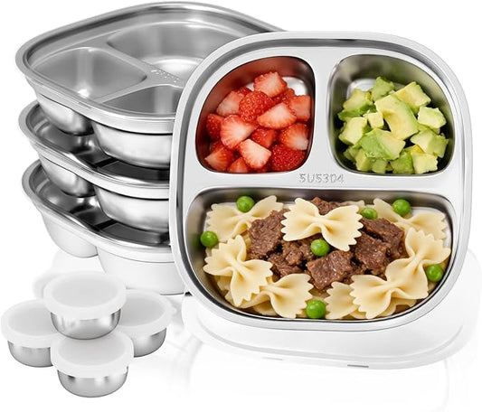 Stainless Steel Divided Plate for Kids Toddler, Non Toxic Portion Control Plate Dinner Plate with Lid for Adults Weight Loss, 4 Pack 3 Sections Square Snack Plate Tray