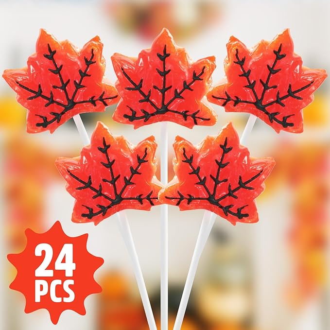 Maple Leaf Lollipops, 24 Pieces of Fall Candy Individually Wrapped, Perfect Fall Candy Favors for the Holidays, Autumn Parties, Cozy Fall Gatherings and Fall Celebrations