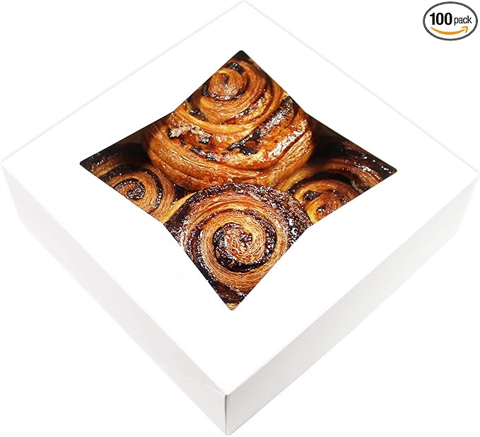 BAKELUV 8x8x2.5” White Bakery Boxes With Window | 100 Pack | Pastry Boxes with Window, Boxes for Strawberries, Dessert Boxes, Bakery Take Out Containers, 8x8 Bakery Boxes 8x8 Pastry Boxes