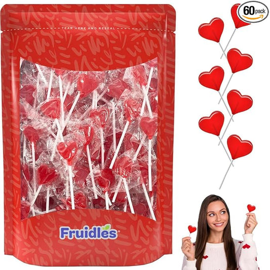 Fruidles 60 Lollipops Mini Red Heart Shaped Strawberry Flavored Individually Wrapped, 5g 60 Lollipops 1 Pound