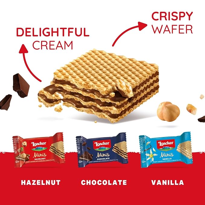 Loacker Minis Wafer Variety Pack - 30% Less Sugar - Premium Cream Filled Wafer Cookies - Mix of Hazelnut, Chocolate and Vanilla - NON-GMO - Sustainably Sourced - 40 Individually Wrapped Snack Packs