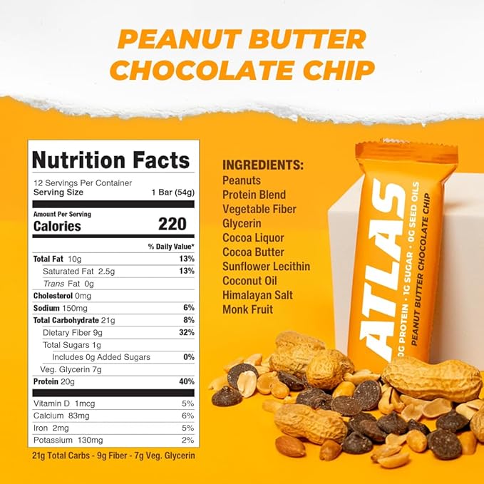 Atlas Real Food Protein Bar – 20g Clean Protein, 1g Sugar, No Seed Oils, No Artificial Sweeteners (Peanut Butter Chocolate Chip, 12 Count)